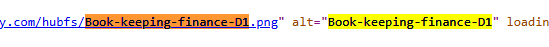 HTML source code showing an image with unoptimized ALT text 'Book-keeping-finance-D1' pulled into search results.